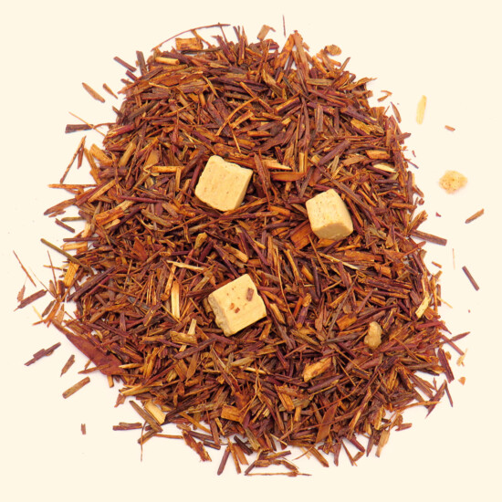 Bylinkový čaj - rooibos karamel, Rooibos ochutený karamelom, kvetmi slnečnice a mandľami, sypaný čaj.